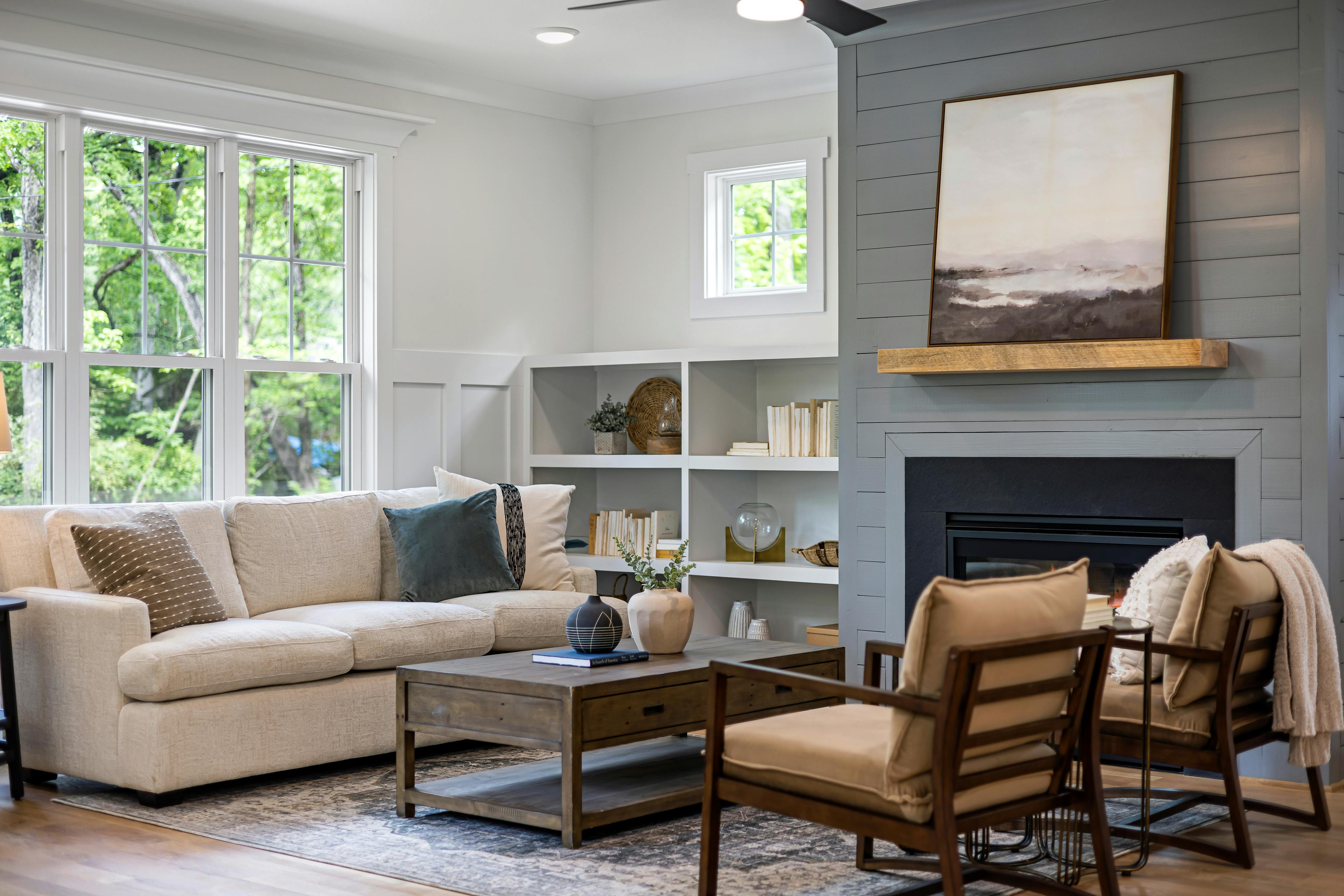A beautifully staged living room with modern furniture